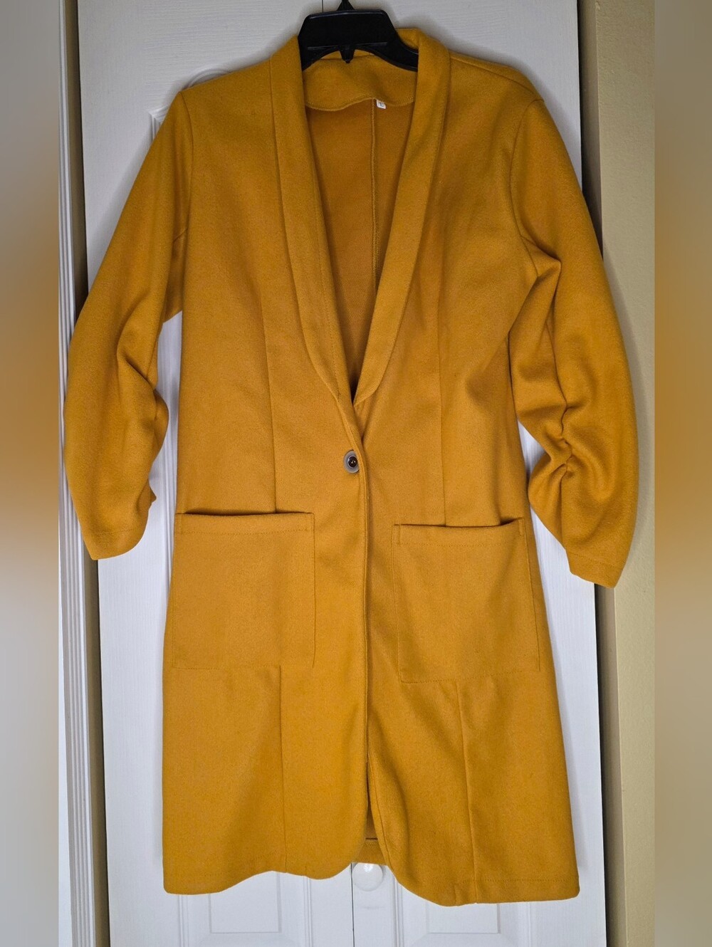 Women's Yellow Long Overcoat One Button Pockets Size L